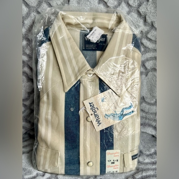 Vintage Wrangler Western Shirt – Beige & Blue Stripe – Size 17½ x 36 – NWT - Picture 1 of 4
